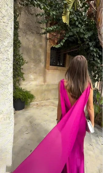 Vibrant Satin Sheath Cowl Neck Sleeveless Draped Open Back Floor Length Prom Dresses