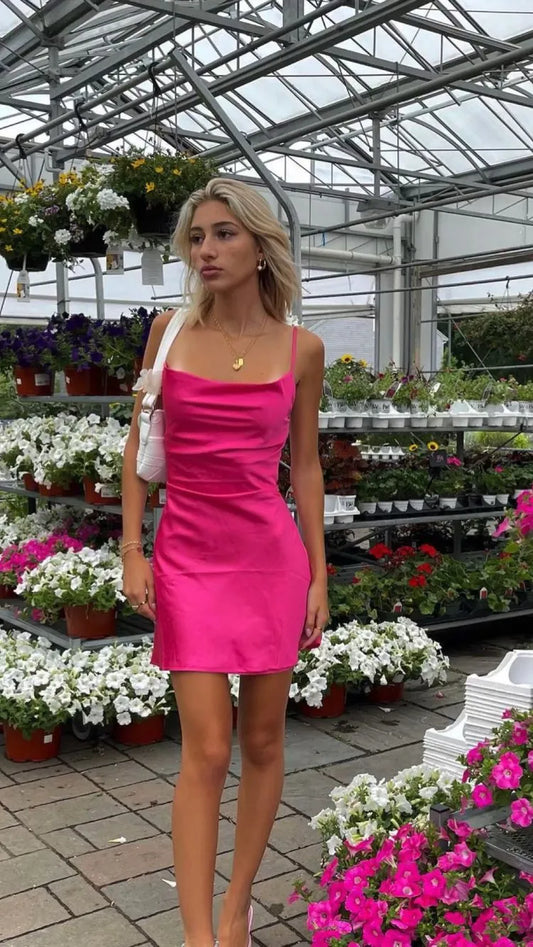 Vibrant Satin Sheath Cowl Neck Spaghetti Strap Lace-Up Back Mini Homecoming Dresses