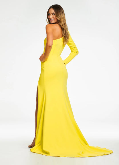 Vibrant Satin Sheath One-Shoulder Long Sleeve Covered Back Floor-Length Evening Dresses