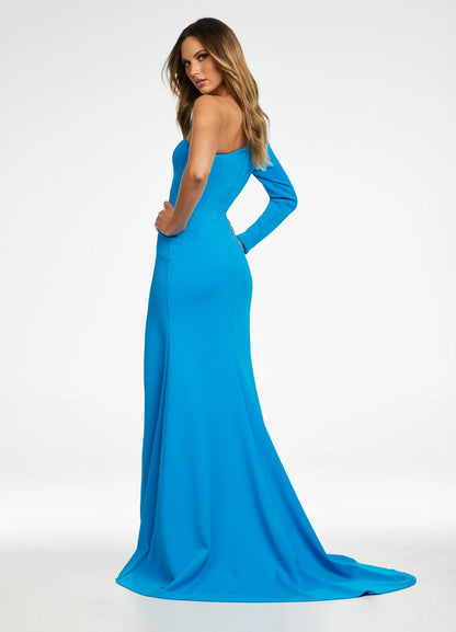 Vibrant Satin Sheath One-Shoulder Long Sleeve Covered Back Floor-Length Evening Dresses