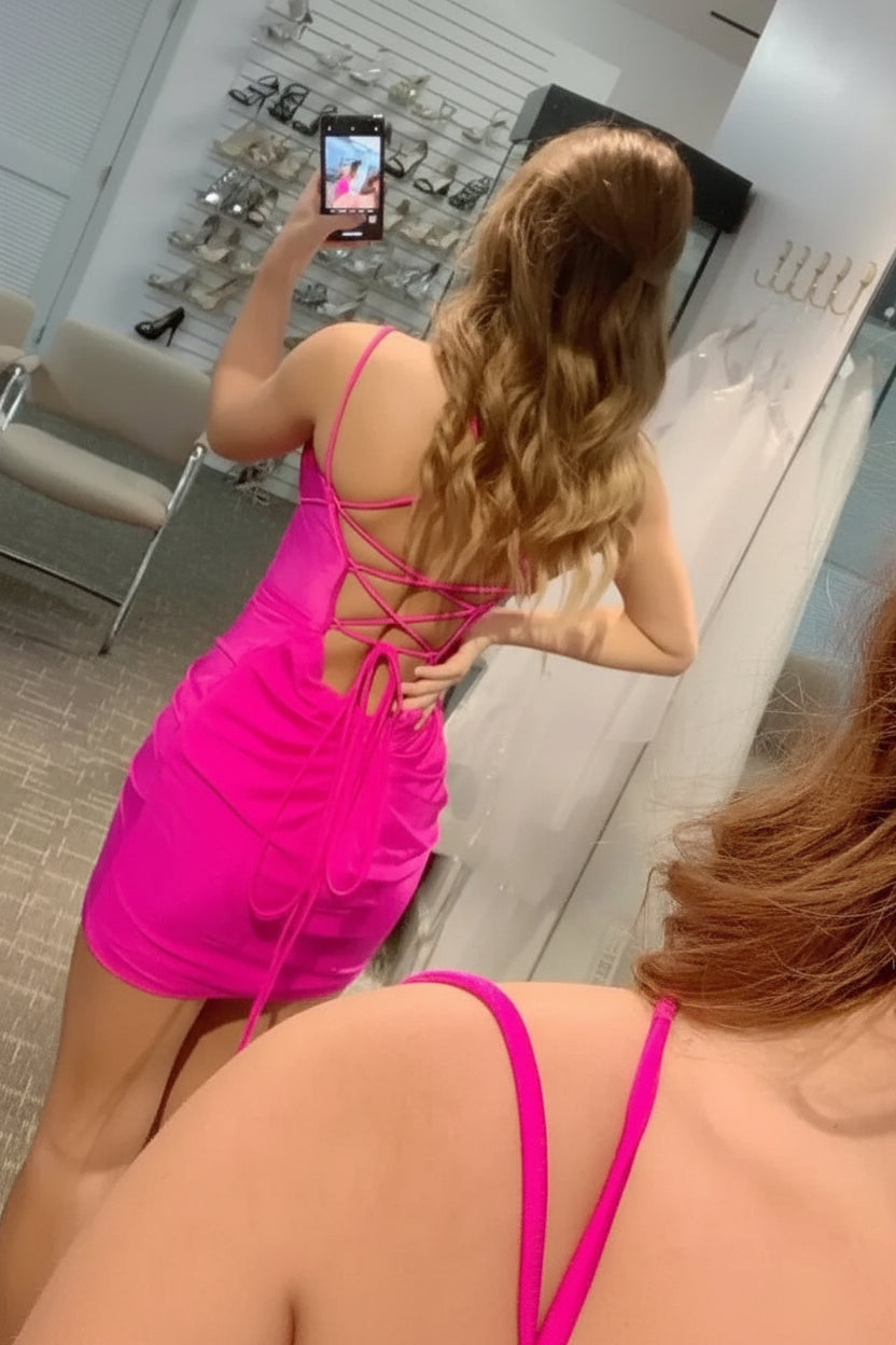 Vibrant Satin Sheath Plunge V-Neck Spaghetti Strap Lace-Up Back Mini Homecoming Dresses
