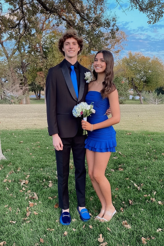 Vibrant Blue Ruched Sheath Strapless Mini Homecoming Dress with Bow Back
