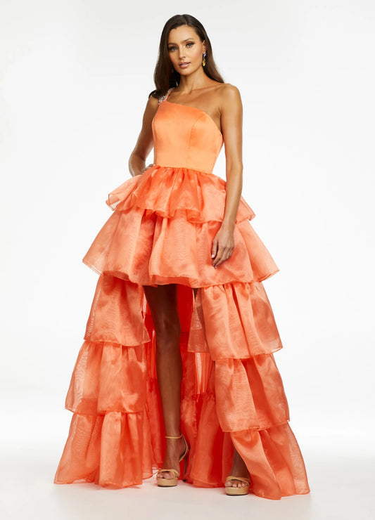 Vibrant Tulle A-Line One-Shoulder Sleeveless Embellished Open Back High-Low Evening Dresses
