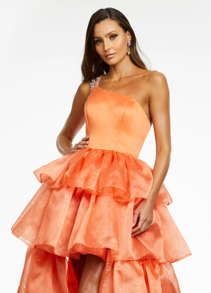 Vibrant Tulle A-Line One-Shoulder Sleeveless Embellished Open Back High-Low Evening Dresses