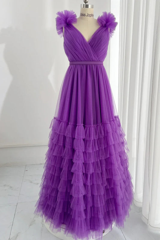 Vibrant Tulle A-Line V-Neck Ruffled Shoulder Lace-Up Back Floor-Length Prom Dresses