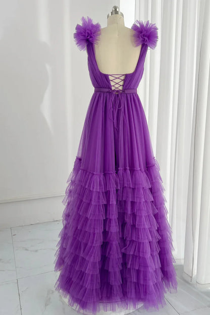 Vibrant Tulle A-Line V-Neck Ruffled Shoulder Lace-Up Back Floor-Length Prom Dresses
