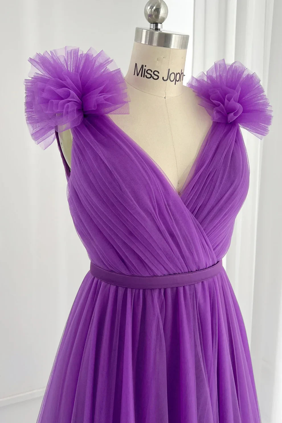 Vibrant Tulle A-Line V-Neck Ruffled Shoulder Lace-Up Back Floor-Length Prom Dresses
