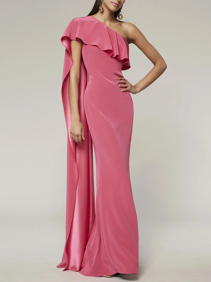 Vibrant hot pink glossy satin mermaid one shoulder ruffle drape plain zip back floor length evening dress