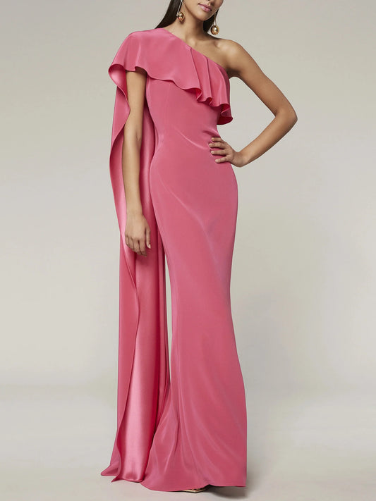 Vibrant hot pink glossy satin mermaid one shoulder ruffle drape plain zip back floor length evening dress