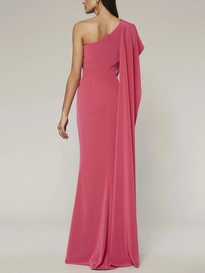 Vibrant hot pink glossy satin mermaid one shoulder ruffle drape plain zip back floor length evening dress