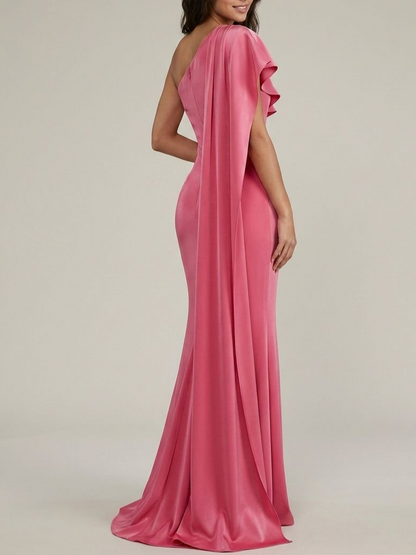 Vibrant hot pink glossy satin mermaid one shoulder ruffle drape plain zip back floor length evening dress