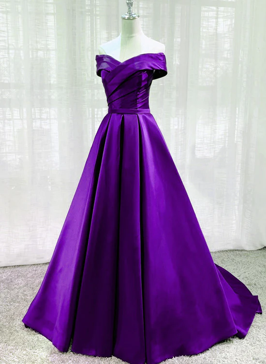 Vibrant purple satin off shoulder folded pleated A-line lace up back sweep train long formal evening prom dress
