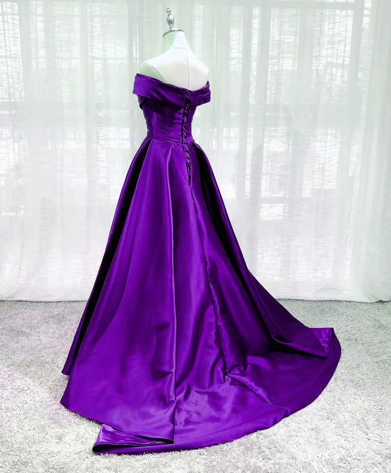 Vibrant purple satin off shoulder folded pleated A-line lace up back sweep train long formal evening prom dress
