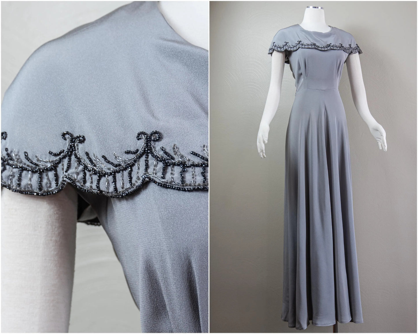 Vintage-Inspired Satin Evening Dress with Beaded Capelet Collar and Flowing Skirt
