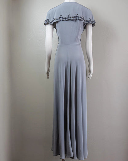 Vintage-Inspired Satin Evening Dress with Beaded Capelet Collar and Flowing Skirt