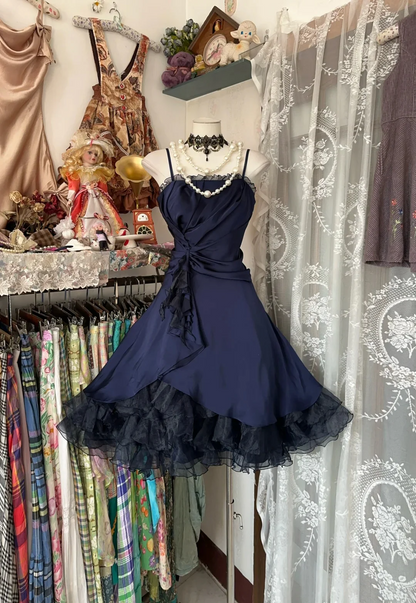 Vintage A-Line Mini Homecoming Dress Spaghetti Straps Ruffle Trim Twist Waist Lace-Up Back Tulle Hem