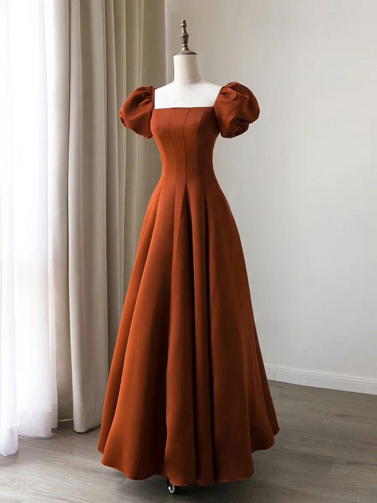 Vintage A-Line Square Neck Puff Sleeve Lace-Up Back Floor-Length Crepe Prom Dresses
