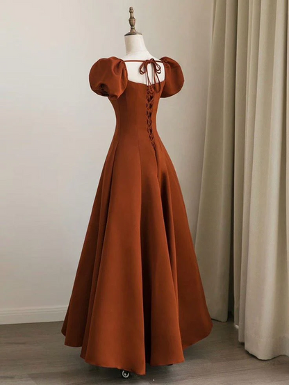 Vintage Crepe A-Line Square Neck Puff Sleeve Lace-Up Back Floor-Length Prom Dress