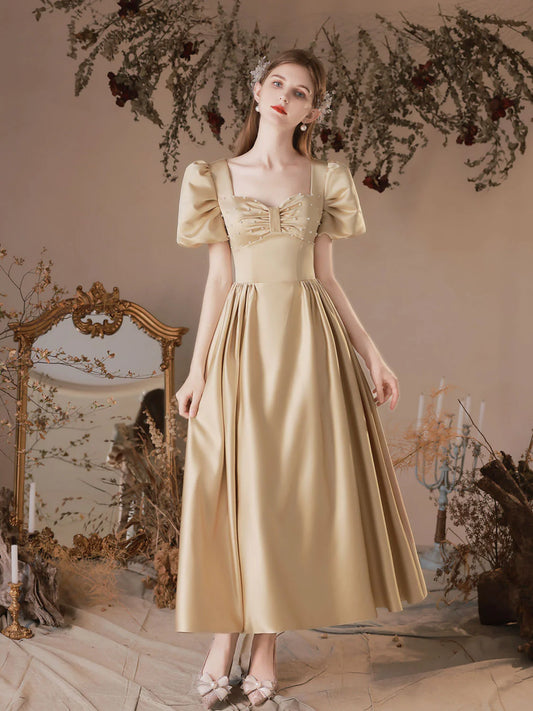 Vintage A-Line Square Neck Puff Sleeves Corset Back Tea-Length Prom Dress