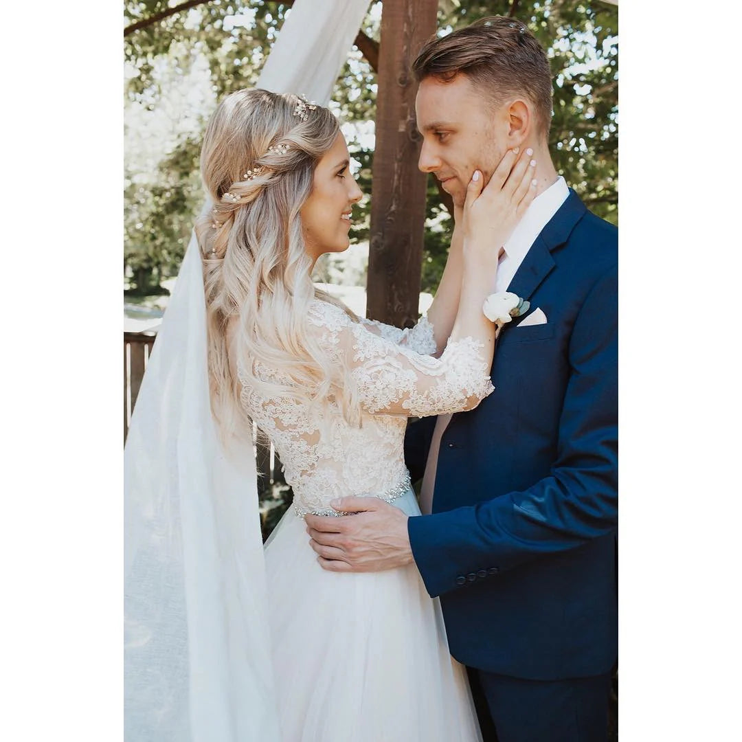 Vintage Lace Three Quarter Sleeve Beaded Waist Illusion Button Back Flowy Tulle A-Line Wedding Dress