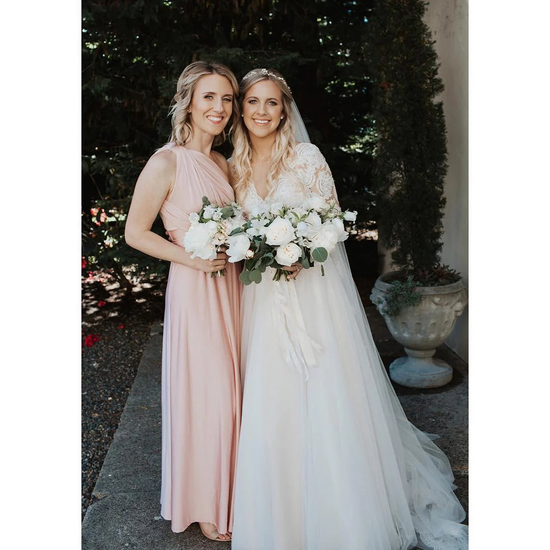 Vintage Lace Three Quarter Sleeve Beaded Waist Illusion Button Back Flowy Tulle A-Line Wedding Dress