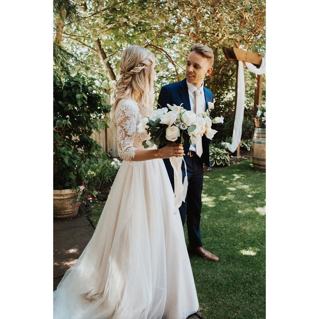 Vintage Lace Three Quarter Sleeve Beaded Waist Illusion Button Back Flowy Tulle A-Line Wedding Dress