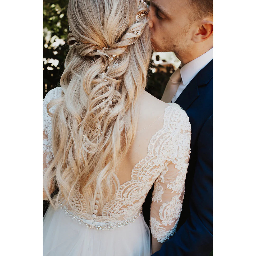 Vintage Lace Three Quarter Sleeve Beaded Waist Illusion Button Back Flowy Tulle A-Line Wedding Dress