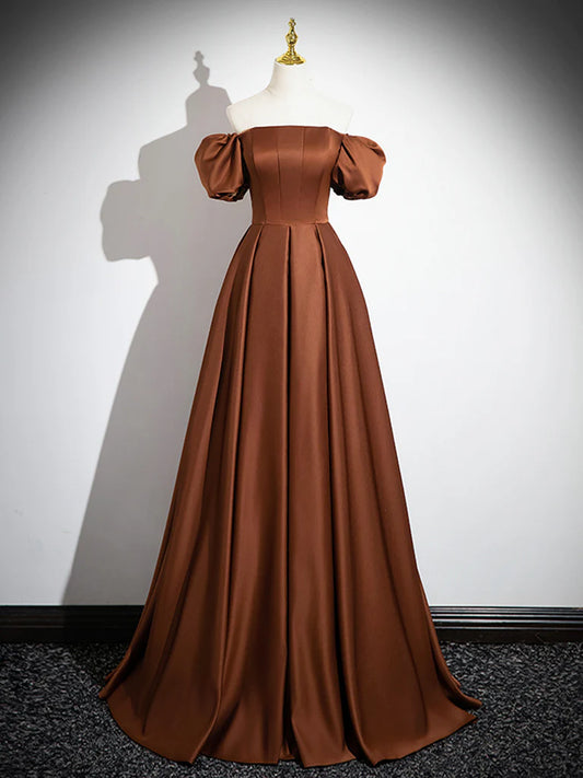 Vintage Off-Shoulder Puff-Sleeve Corset-Back Floor-Length A-Line Satin Prom Dress