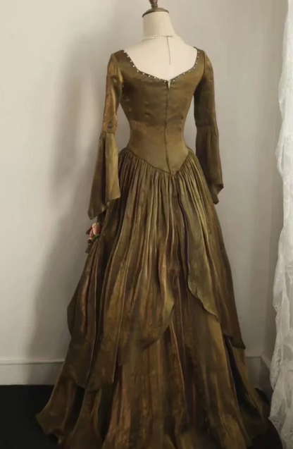 Vintage Regency Scoop Neck Long Flare-Sleeve Draped Floral Accent Floor-Length Prom Dress