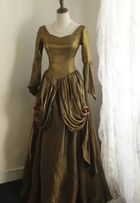 Vintage Regency Scoop Neck Long Flare-Sleeve Draped Floral Accent Floor-Length Prom Dress