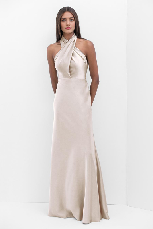 Vintage Satin Halter Neck Sleeveless Tie-Back Mermaid Floor-Length Evening Dress