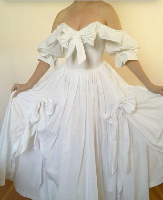 Vintage White Ball Gown Off The Shoulder Puff Sleeves Bow Accent Floor Length Prom Dresses