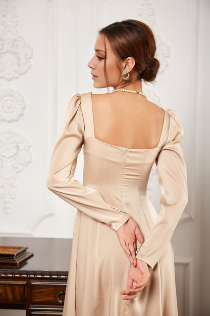 Vintage A-line Sweetheart Neck Long Puff Sleeve High Slit Midi Satin Prom Dress
