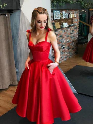 Vintage Elegant Luxe Satin Structured Timeless Fit-and-Flare Silhouette Sweetheart Neck Bow-Shoulder Straps Lace-Up Crisscross Back Tea-Length Pocketed Prom Dress