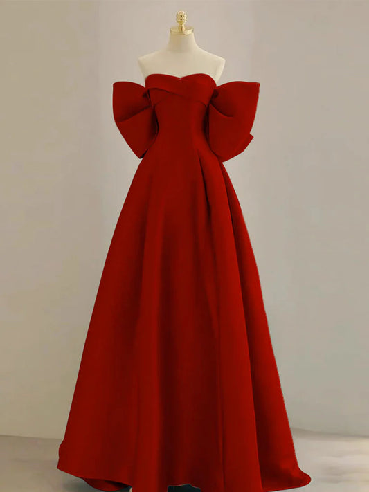 Voluminous A-line off-the-shoulder sweetheart large-bow floor-length prom dress