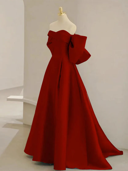 Voluminous A-line off-the-shoulder sweetheart large-bow floor-length prom dress