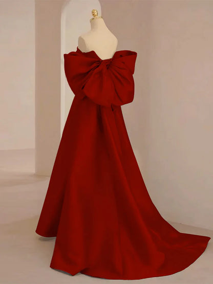 Voluminous A-line off-the-shoulder sweetheart large-bow floor-length prom dress