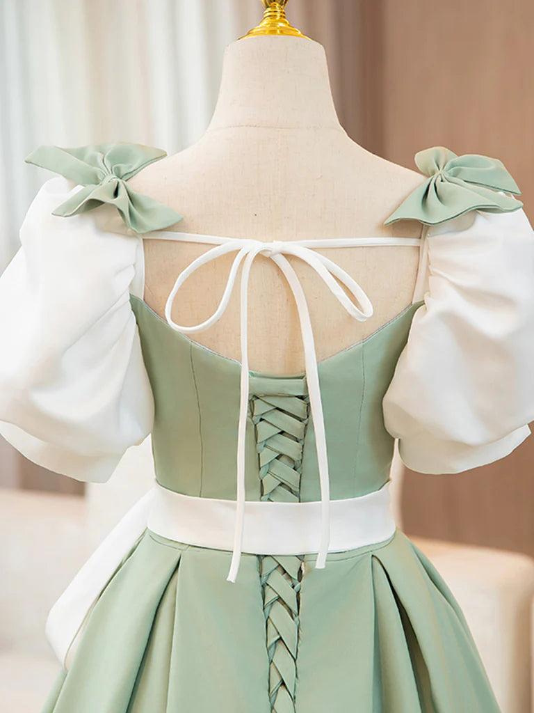 Voluminous A-line square-neck puff-sleeve lace-up back floor-length prom dress