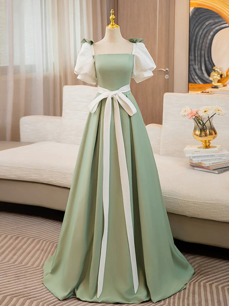 Voluminous A-line square-neck puff-sleeve lace-up back floor-length prom dress