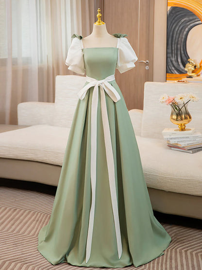 Voluminous A-line square-neck puff-sleeve lace-up back floor-length prom dress