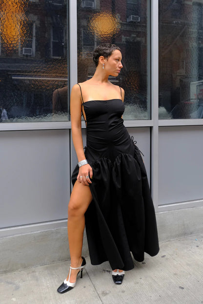 Voluminous Cotton-Blend High-Low Square-Neck Tie-Back Floor-Length Evening Gown
