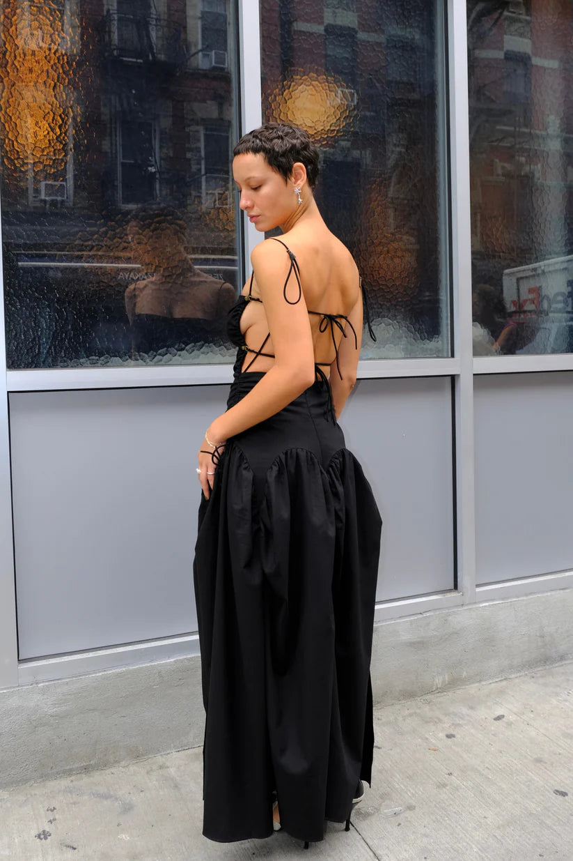 Voluminous Cotton-Blend High-Low Square-Neck Tie-Back Floor-Length Evening Gown