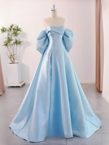 Voluminous ball gown off-the-shoulder puffed-sleeve lace-up back floor-length prom dress