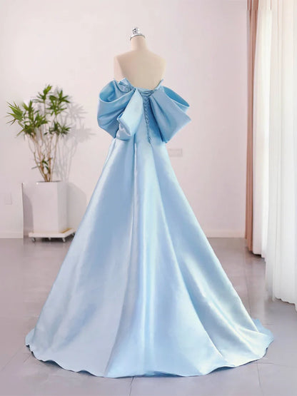 Voluminous ball gown off-the-shoulder puffed-sleeve lace-up back floor-length prom dress