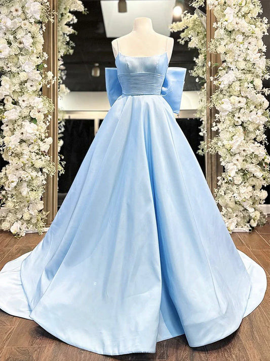 Voluminous ball gown spaghetti-strap square-neck back-bow floor-length prom dress