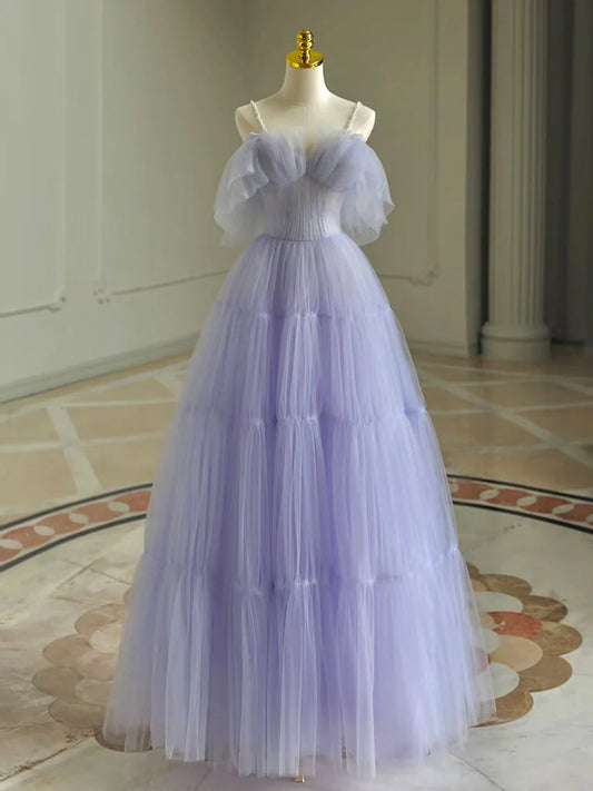 Voluminous tiered tulle ball gown spaghetti-strap off-the-shoulder floor-length prom dress