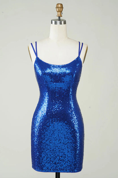 Royal blue tight fitting sequins backless Cocktail Dresses