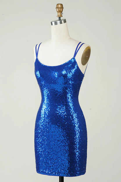 Royal blue tight fitting sequins backless Cocktail Dresses