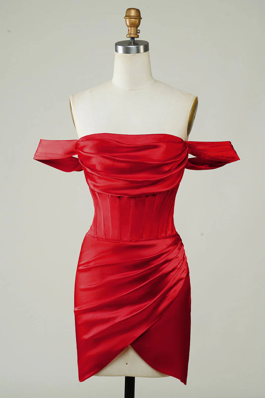 Red Off Shoulder Asymmetric Tight Short Cocktail Dresses