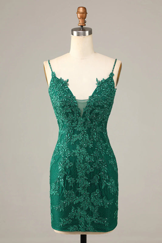 Tight slim shoulder straps dark green decals short Cocktail Dresses